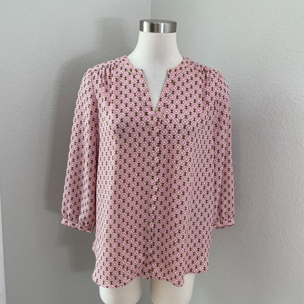 NYDJ Womens Small Pink Brown Geometric Blouse 3/4 Sleeve‎ Shirt Pleated Back